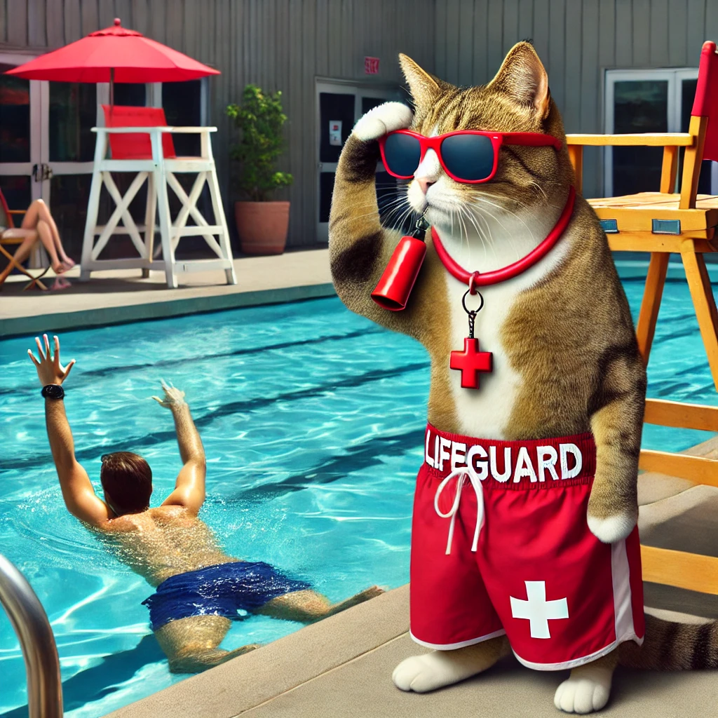 A cat lifeguard ready to help beside a swimming pool